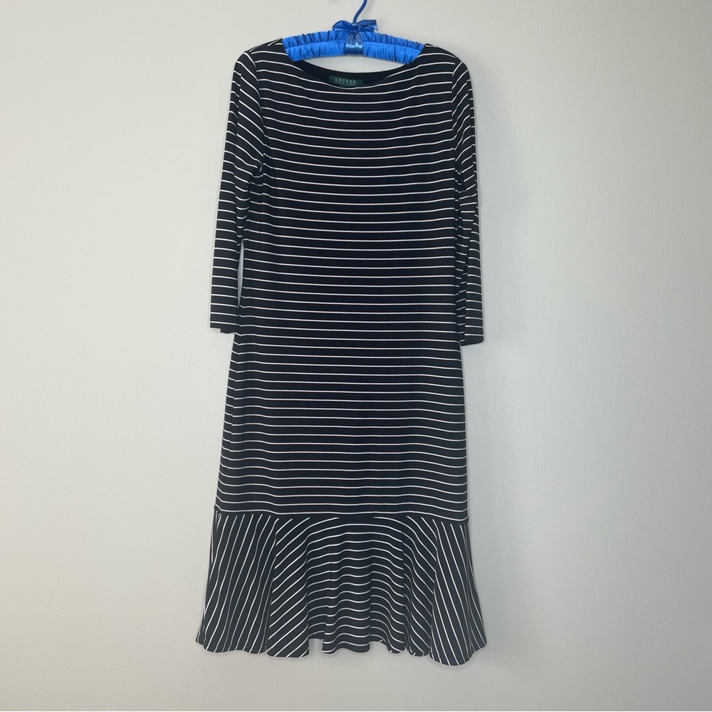 Lauren Ralph Lauren Black and White Striped Long Sleeve Dress with Flounced Hem - Picture 5 of 5